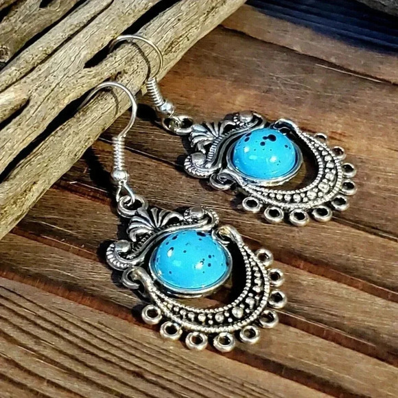 Antique Silver Art Nouveau Faux Turquoise Stone Dangle Earrings - Picture 3 of 6